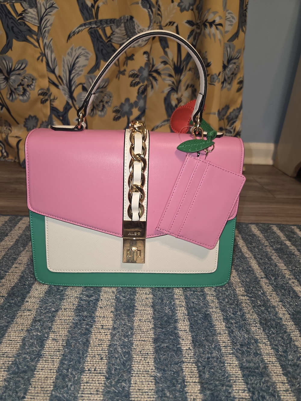 Aldo Pink, White & Green Structured Top-Handle Bag Rare